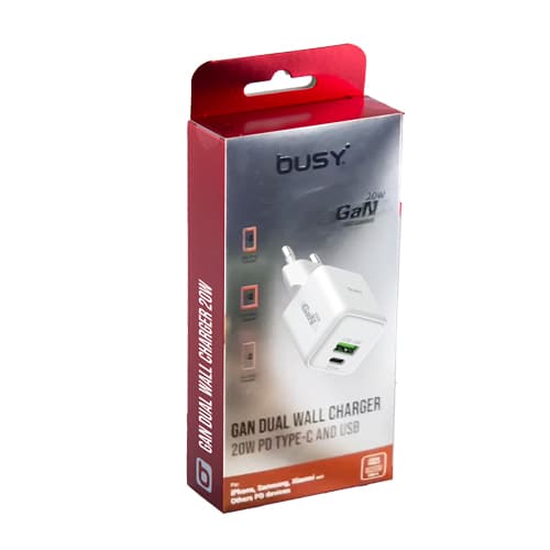 Двоен УСБ ѕиден полњач 20 W GAN Busy 50782 - слика 1